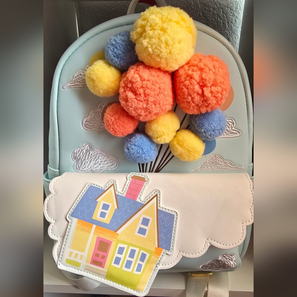Colorful Backpack with Pom Poms and House Design